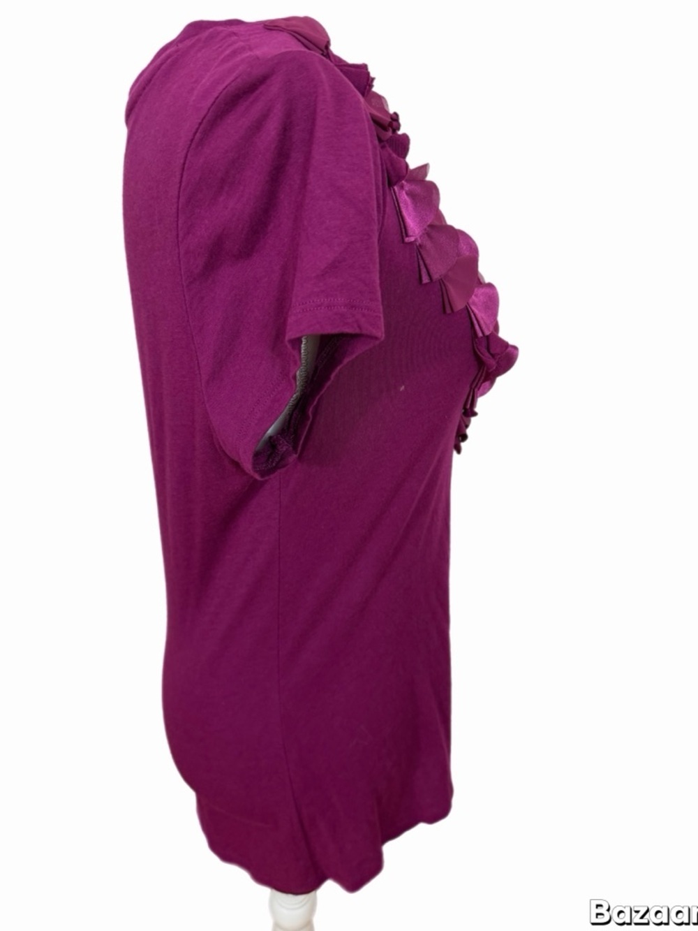 ELLE Ruffle Neck Top Women’s Medium Magenta Short Sleeve Stretch Casual - Picture 4 of 7
